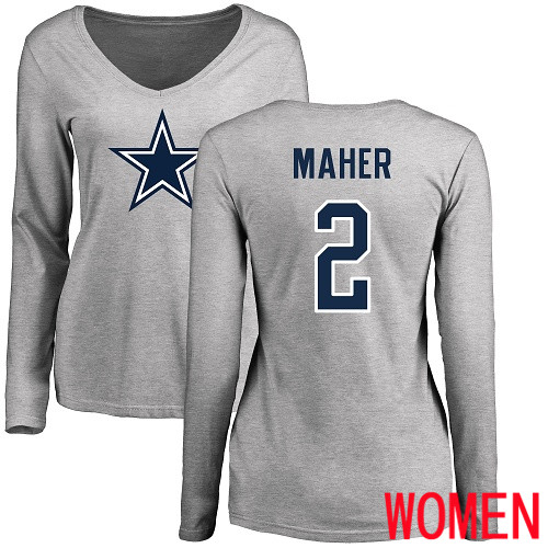 Women Dallas Cowboys Ash Brett Maher Name and Number Logo Slim Fit #2 Long Sleeve Nike NFL T Shirt->women nfl jersey->Women Jersey